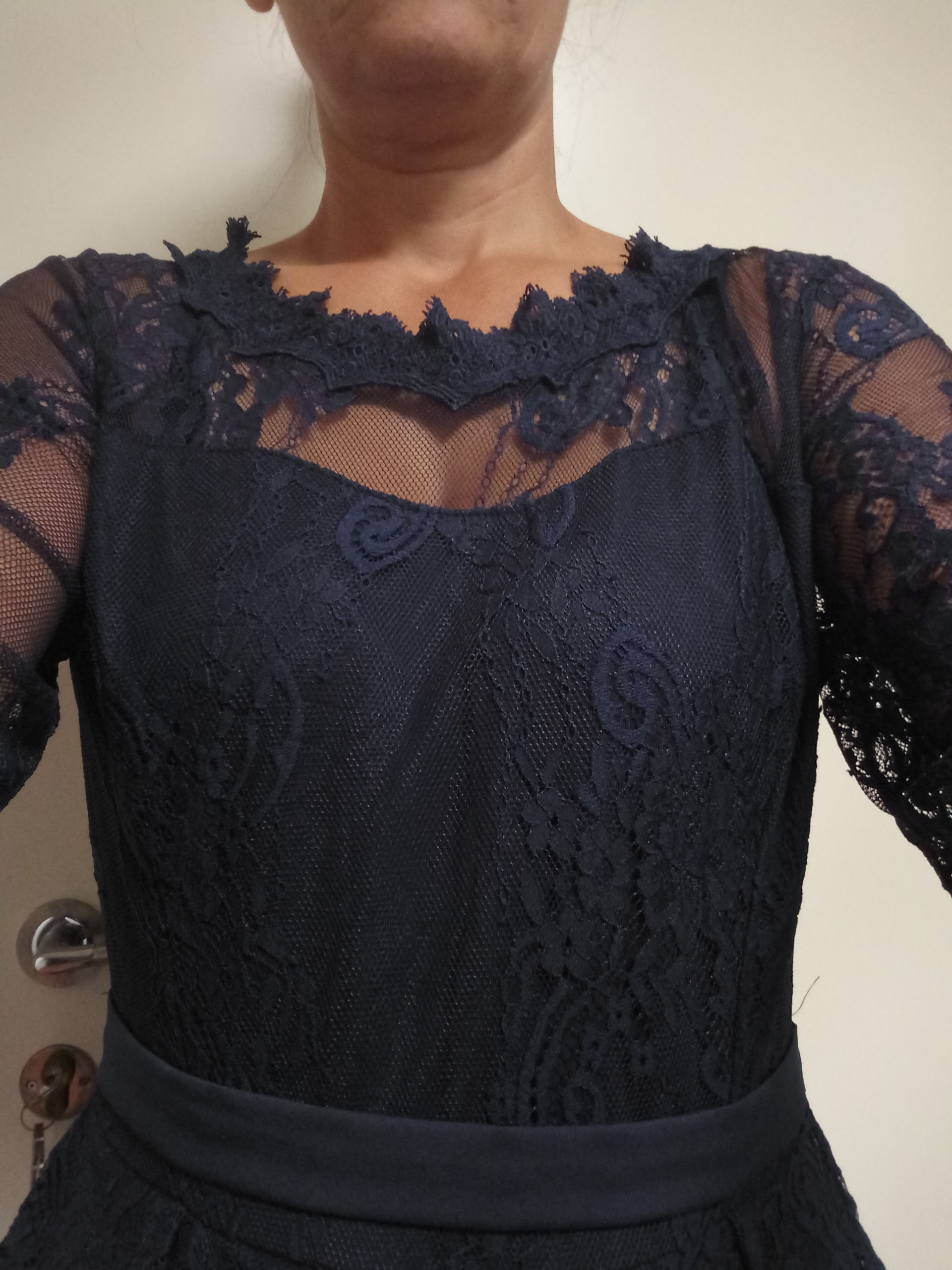 lace panel navy blue scalloped neckline jumpsuit